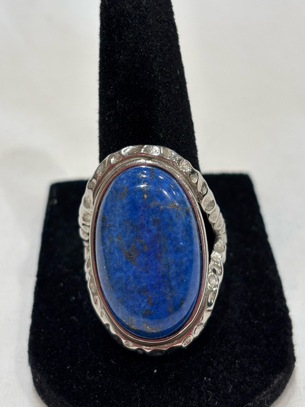 Stainless steel ring adorned with Lapis lazuli. Signed GSJ stainlessteel.